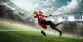 Win and lose. Professional athletes, american football players in motion during game, running, playing at 3D stadium. Royalty Free Stock Photo