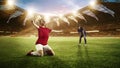 Win and lose. Two women, football player after match feeling happy and sad, 3d open air stadium with blurred audience Royalty Free Stock Photo