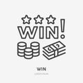 Win money line icon, vector pictogram of lottery price. Coins, cash prize illustration, casino gambling sign