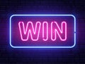 Win neon text banner on brick wall. Winner prize background. Questions team game. Quiz night poster. Pub neon signboard