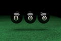 Win, Number Eight,Three Billiard Balls floating on air, on Green
