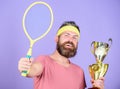 Win tennis game. Man bearded hipster wear sport outfit. Success and achievement. Win every tennis match i take part in Royalty Free Stock Photo