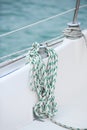 Winch and nautical ropes on a sailing boat in the port Royalty Free Stock Photo
