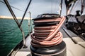 Winch with red and white rope on sailing boat in the sea Royalty Free Stock Photo