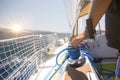 Winch with rope on a sail boat in the sea Royalty Free Stock Photo