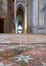 Winchester UK. Close up of the medieval encaustic floor tiles in the south isle of the retrochoir at Winchester Cathedral