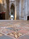 Winchester UK. Close up of the medieval encaustic floor tiles in the south isle of the retrochoir at Winchester Cathedral