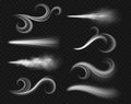 Wind air streams. Realistic storm waves, abstract dry smoke flow, visible curls and tufts, spreading cloudy breath, dynamic forms