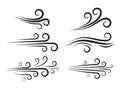 Wind blow icon set. Windy weather swirl vector shape. Silhouette of speed blowing air isolated on white. Breeze wave abstract Royalty Free Stock Photo