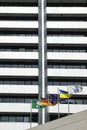 Colorful flags with the office windows background