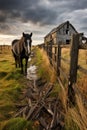 wind blowing through tall grass in ireland while a storm is on the horizon and a horse near a farm road with old marsh meadow
