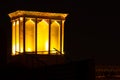 Wind catcher of an house in Yazd city, Iran. At Night illuminated