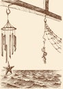 Wind chimes on the porch of a beach house