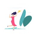 Wind day. Girl walking, catching up fly away hat. Lady with hat on windy weather vector illustration