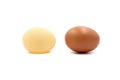 Wind egg and normal brown chicken egg isolated on a white background in side view. Royalty Free Stock Photo