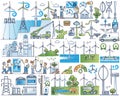 Wind energy as green, sustainable electricity production outline collection