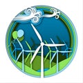Wind energy concept with wind generator turbines and ballooons on green and blue landscape background. Royalty Free Stock Photo
