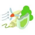 Wind energy icon isometric vector. Powered table fan and tree behind shield icon