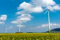 Wind engines in fields of rapeseed Royalty Free Stock Photo