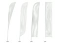 Wind event flags mockup set. Blank white feather, blade, teardrop, rectangular. Vertical flag banner on metal pole mock-up