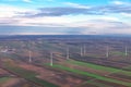 Wind farm and agricultural fields view from above