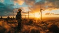 Wind Farm, engineer inspecting turbines, expansive wind farm at dawn, sky blues and earth browns, hard hat, safety