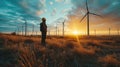 Wind Farm, engineer inspecting turbines, expansive wind farm at dawn, sky blues and earth browns, hard hat, safety