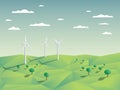 Wind farm in green fields among trees. Ecology Royalty Free Stock Photo