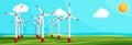 Wind farm in green fields among trees. Royalty Free Stock Photo