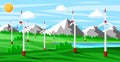 Wind farm in green fields among trees. Royalty Free Stock Photo