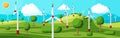 Wind farm in green fields among trees. Royalty Free Stock Photo