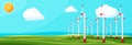 Wind farm in green fields among trees. Royalty Free Stock Photo