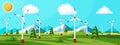 Wind farm in green fields among trees. Royalty Free Stock Photo