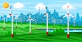 Wind Farm in Green Fields Among Trees. Royalty Free Stock Photo