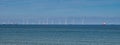 Wind farm turbines and support ships off the coast of Aberdeen in Scotland, UK