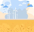 Wind farm in yellow fields. Ecology environmental background for presentation, website, infographics Royalty Free Stock Photo