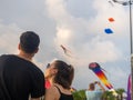 Wind. Festival of kites. Flying a huge kite in the shape of a squid. People fly kites. Beauty in the sky Place on the sea.