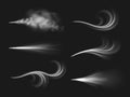 Wind flows. Realistic 3d air flows effect, different shapes isolated on black background, mist visible streams, spread