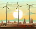 Wind generator. Clean renewable energy. Landscape with windmills. Sunrise over desert and rocks landscape. Cartoon fun