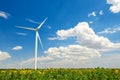 The wind generator in sunflower field. Beautiful landscape with bright cloudy sky. Eco energy concept Royalty Free Stock Photo