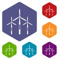 Wind generator turbines icons set hexagon