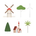 Wind Generator, Windmill, Tree and Building as City Street Element Vector Set