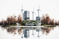 Wind generators among the high mirror city business buildings, rows with the lake. AI generated.