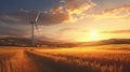 A wind generatots in the middle of wheat field in the sunset light