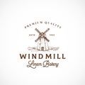 Wind Mill Bakery Abstract Vector Sign, Symbol or Logo Template. Sketch Landscape with Windmill Drawing and Retro