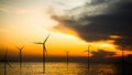 Wind Mill Farm Offshore Sea on Sunset Energy Power Electric Plant on Water Nature Sky Lanscape,Technology Turbine Windmill