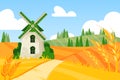 Wind mill farm. Wheat grain field. Village agriculture panorama. Flour grinding mechanism. Windmill and hill land Royalty Free Stock Photo