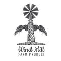 Wind mill front view with fence on clouds background isolated on white. Logo for farm product