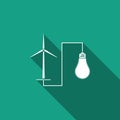 Wind mill turbine generating power energy and glowing light bulb icon isolated with long shadow. Alternative natural