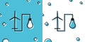 Wind mill turbine generating power energy and light bulb icon on blue and white background. Alternative natural